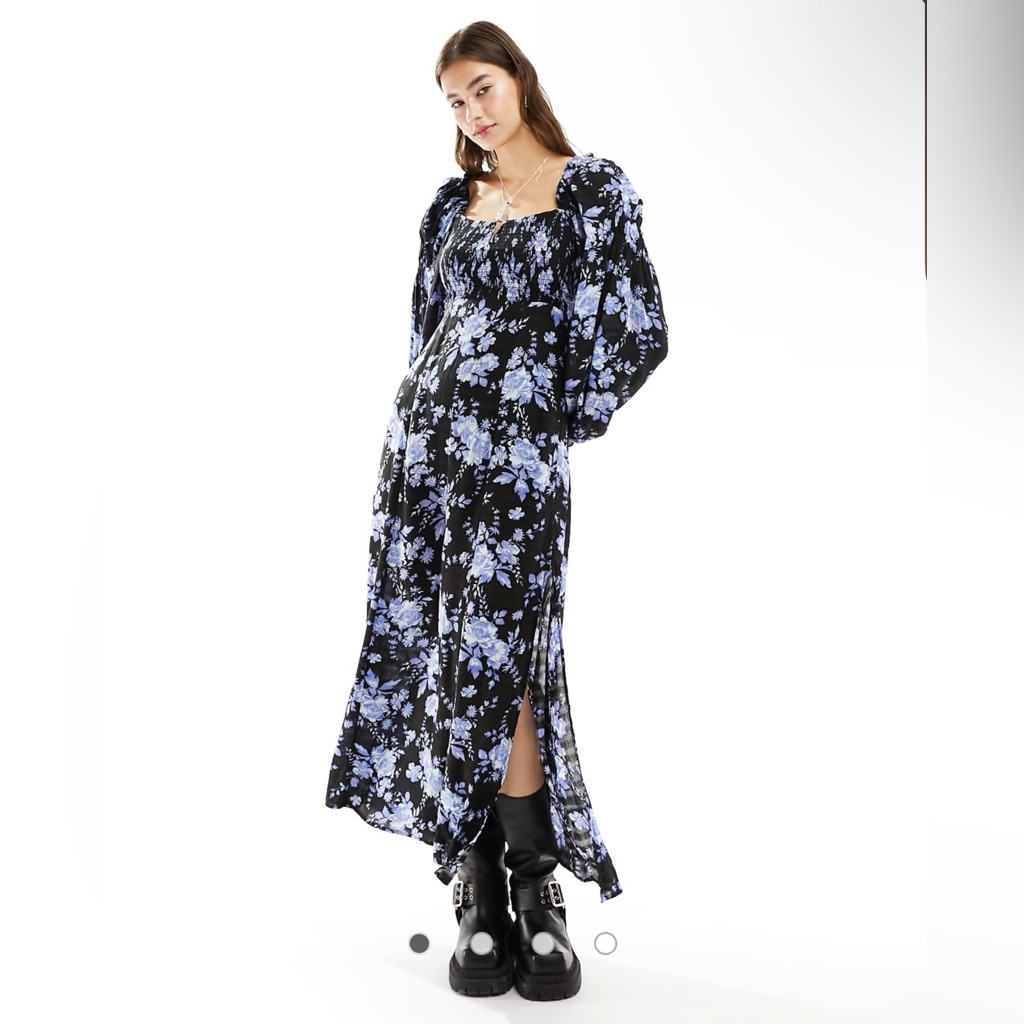 Free People Nwt Floral Print Midaxi Smock Dress In Black With Blue Floral